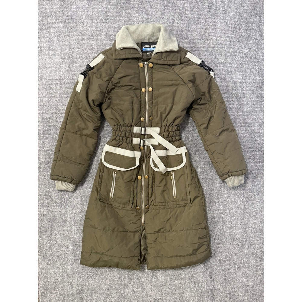 You & You Collection Womens Olive Green Puffer Coat Cinched Waist Utility Small